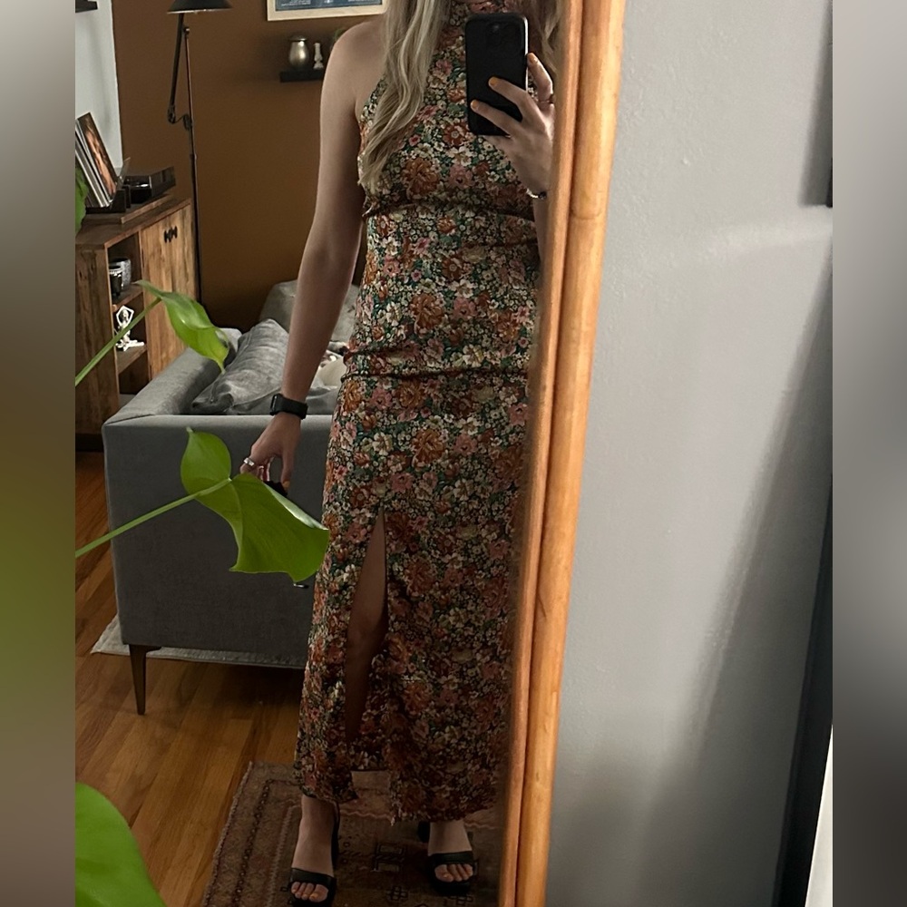 Satin green/floral mock-neck maxi dress with keyhole back and side slit on leg